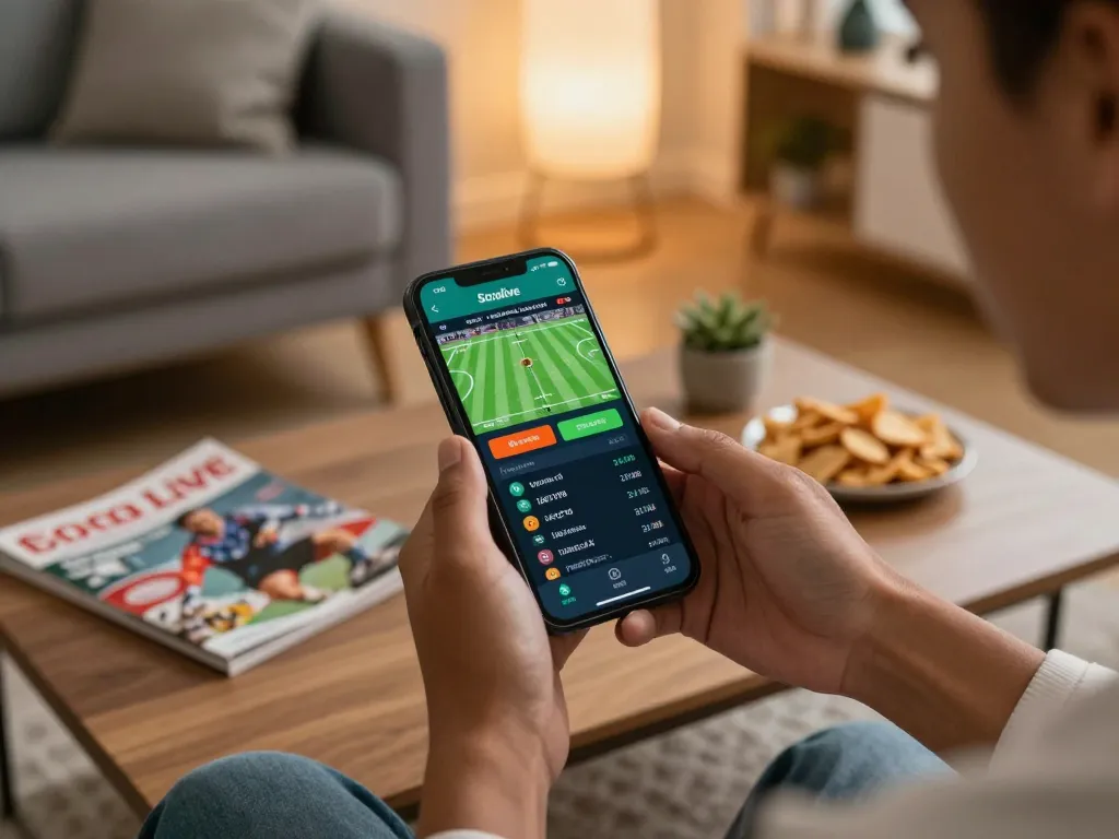 Socolive app on smartphone during engaging live football betting session, showcasing real-time odds and match stats.