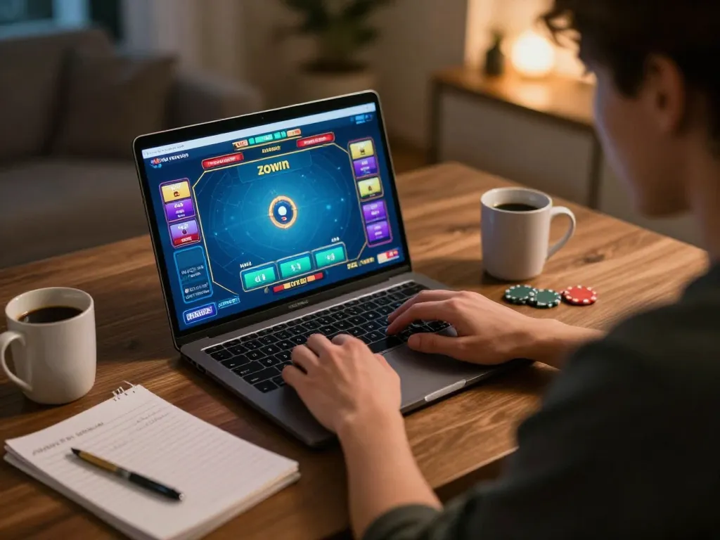 Zowin poker game in progress, player analyzing strategy in a cozy home office setup