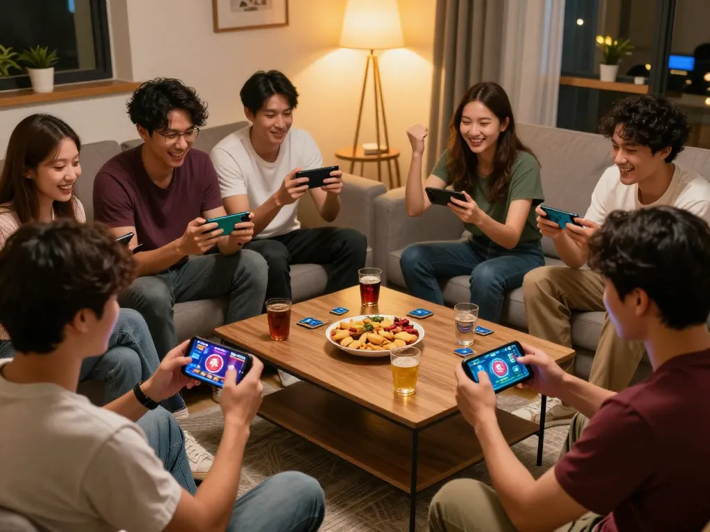 TWIN68 players thrilled with mobile game wins during a casual home gaming night, showcasing social fun and light.