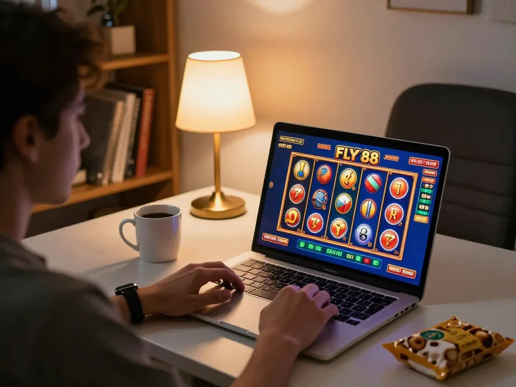 FLY 88 online gaming session with player enjoying engaging slot game on laptop at home