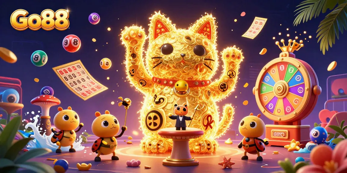 Experience Go88 with a vibrant display of dynamic gaming elements like lucky cats and colorful lottery balls.