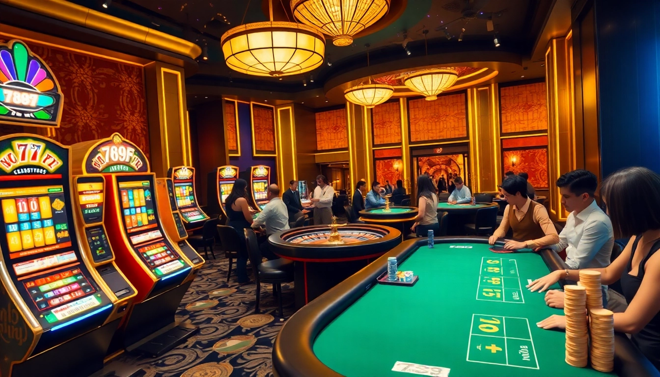Exciting casino scene featuring 789F, showcasing vibrant slot machines and players at poker tables.