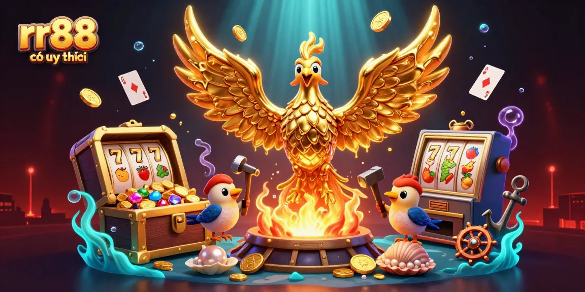Experience vibrant gaming action at rr88 có uy tín with a molten golden phoenix amidst thrilling slot game elements.