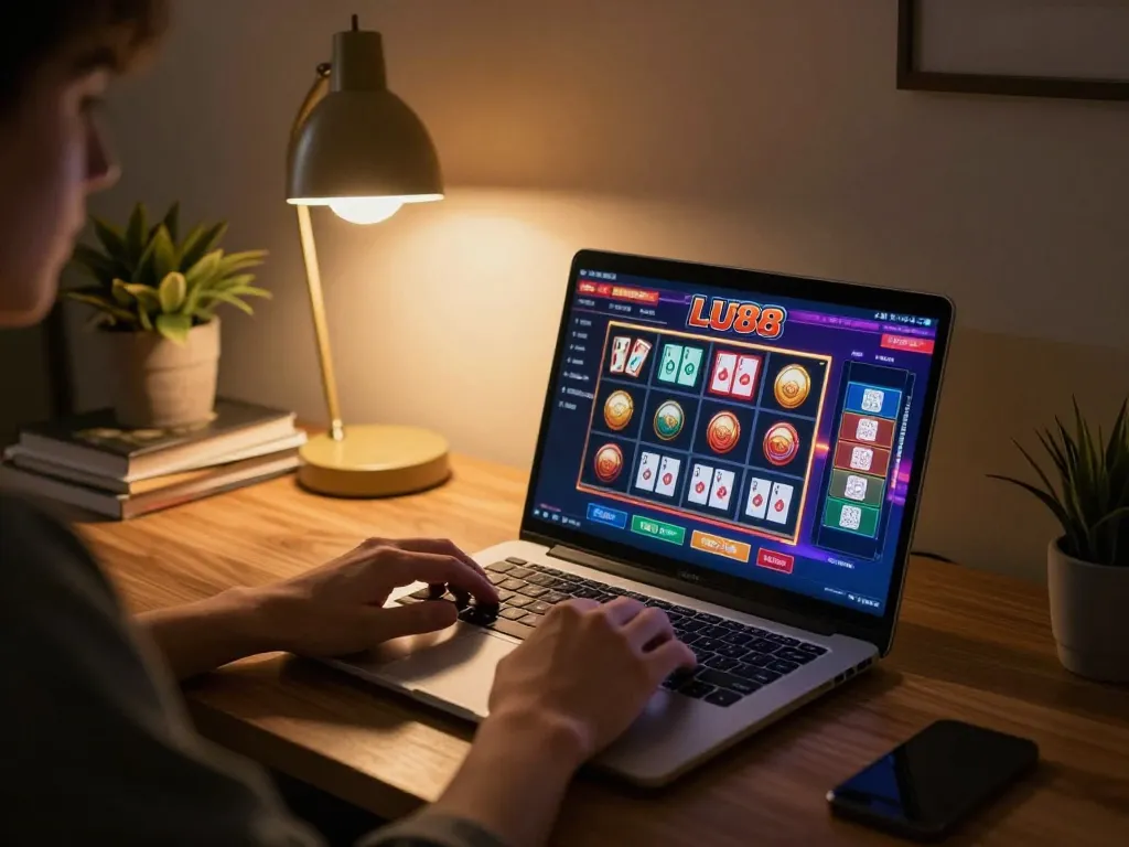 Player engaging in LU88 online casino gaming from a cozy home setup, showcasing vibrant slots and cards