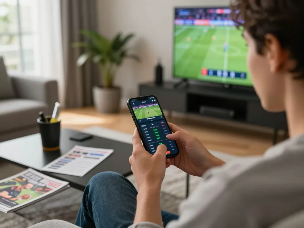Player actively engaging with sports betting on a smartphone app at home, showcasing uu88's features and excitement.