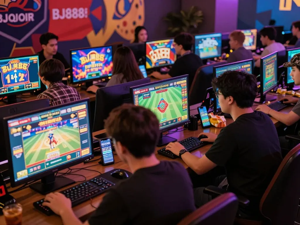 Bj888 gaming atmosphere with players enjoying online casino and betting on various devices.