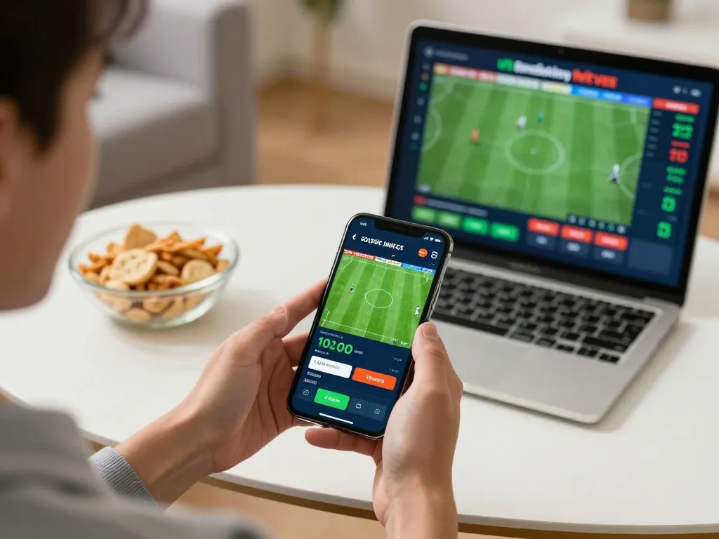 Person placing bets on F8bet mobile app during live sports event at home.