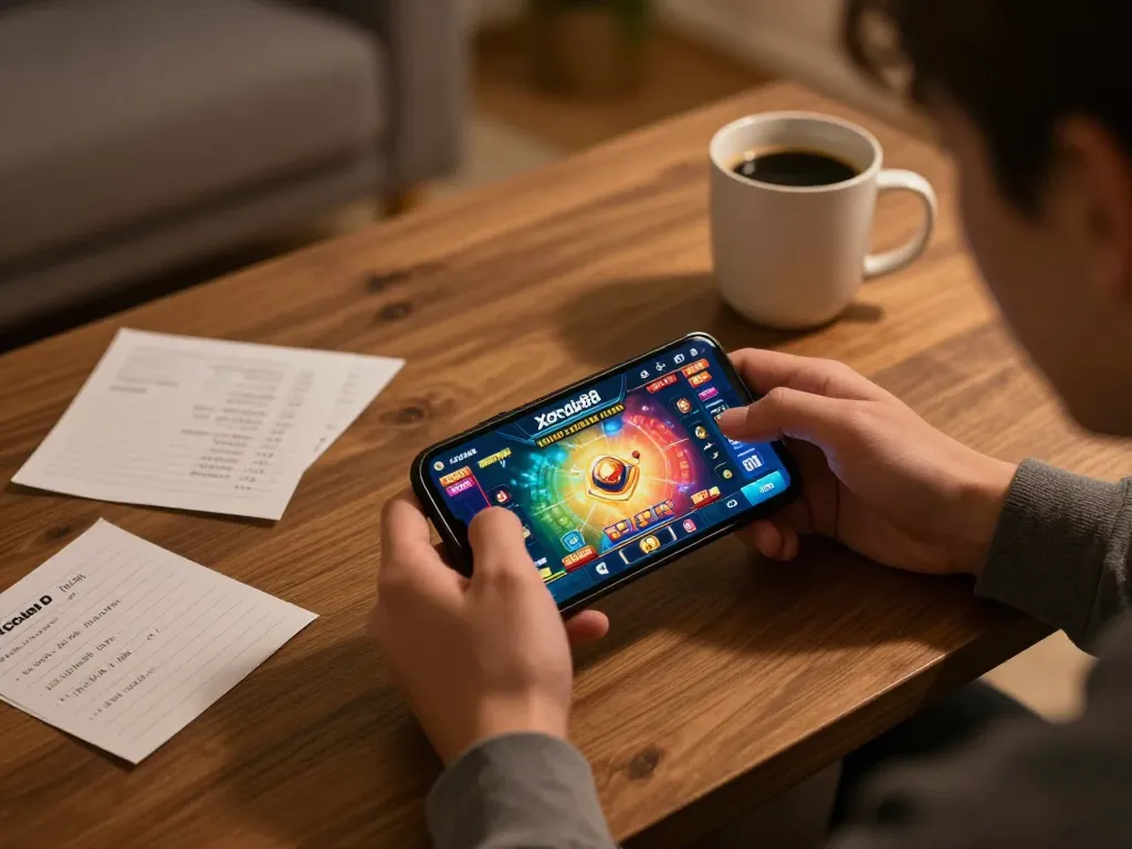 Xocdia88 user playing on smartphone during a cozy home gaming session emphasizing responsible gambling.