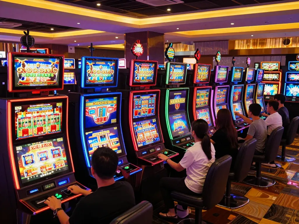 Kaya88 players celebrating wins at vibrant slot machine area in busy casino.