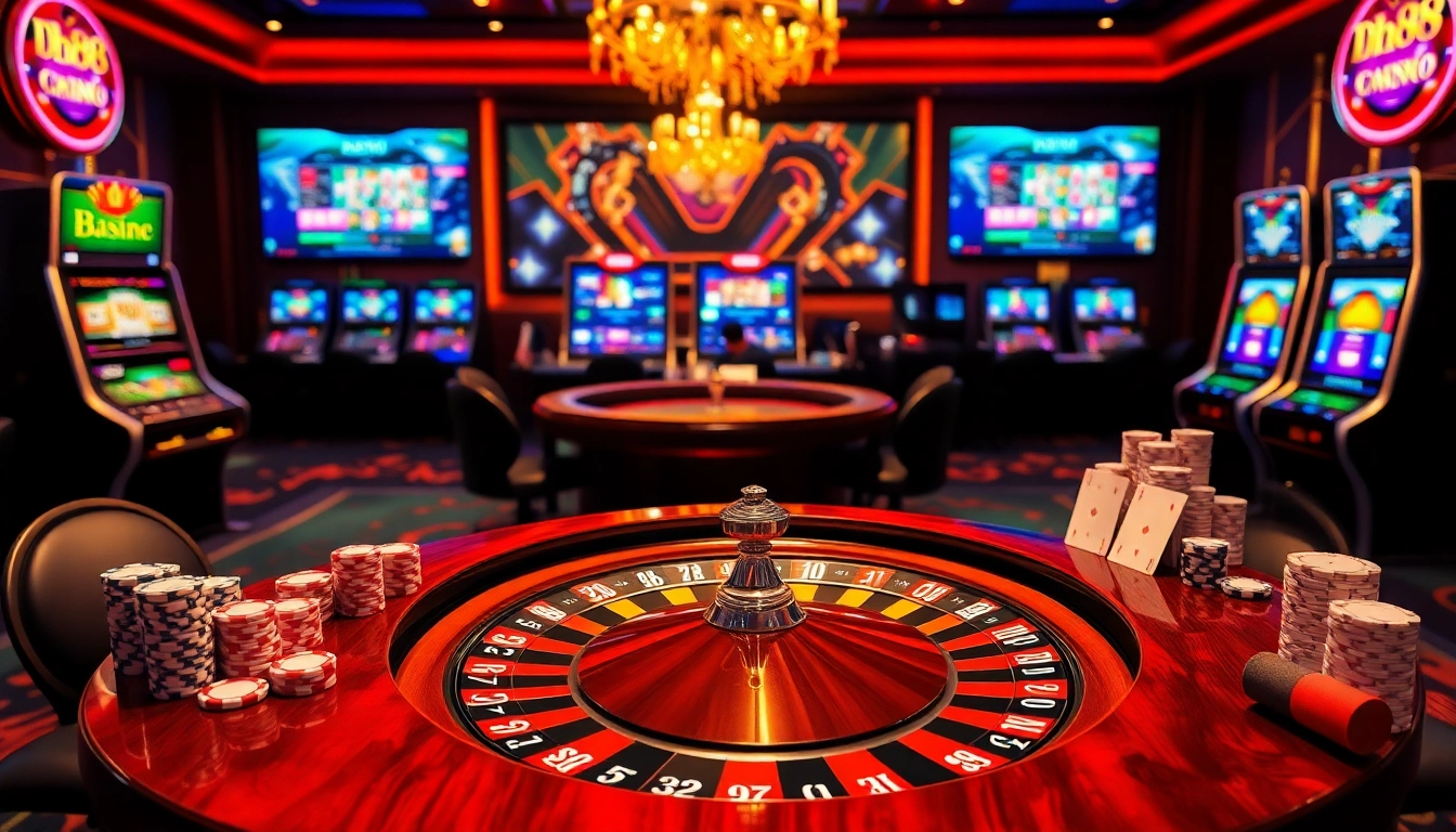 Experience high-stakes gaming at the dh88 casino table with vibrant chips and a roulette wheel.