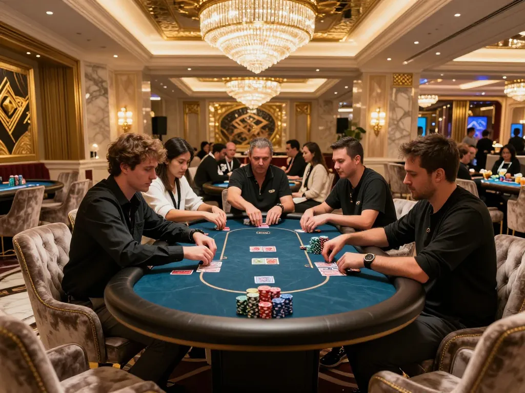 Experience high-stakes poker gameplay in an elegant VIP room, highlighting VA88 strategies for winning.