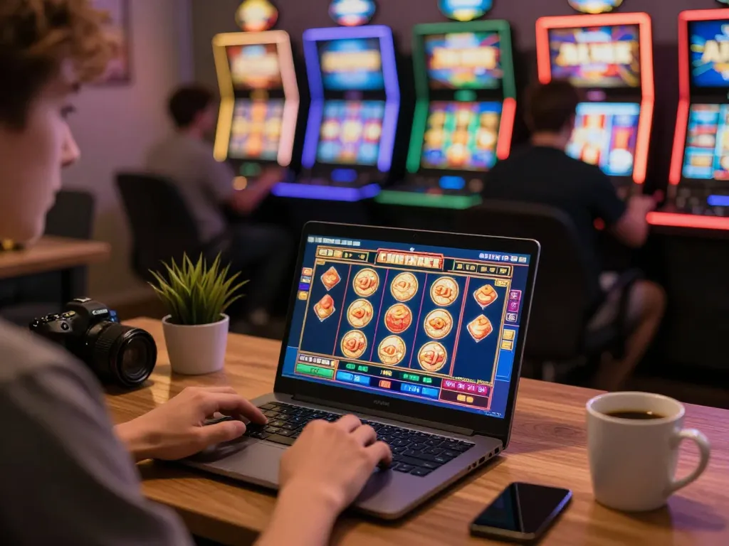 FLY88 player engaging with online slot games on a laptop, showcasing a cozy home gaming setup.