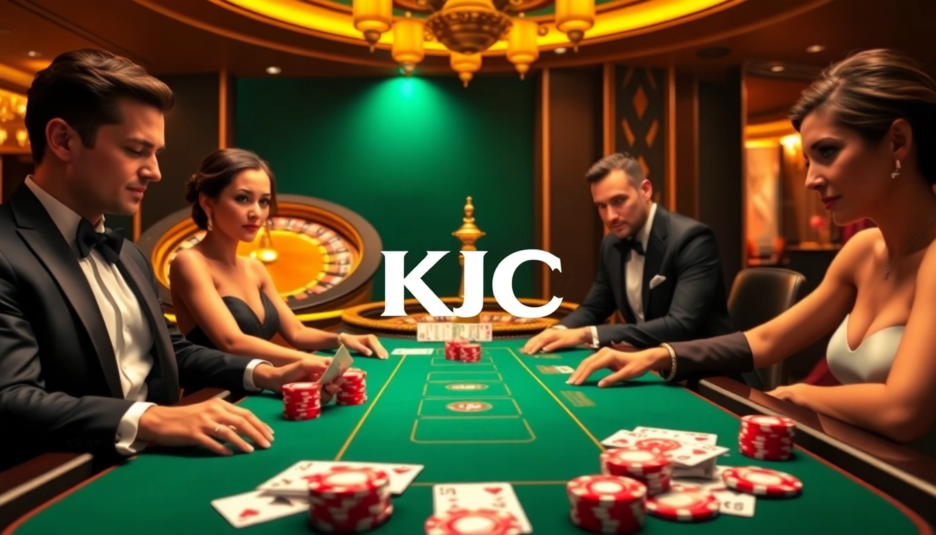 KJC brand casino scene with players at a blackjack table and roulette wheel.