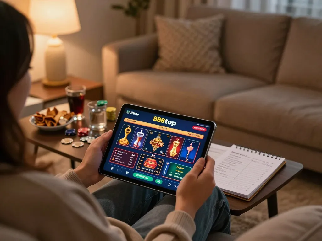 Engaging in online gambling at home with 888top app on tablet, cozy environment.