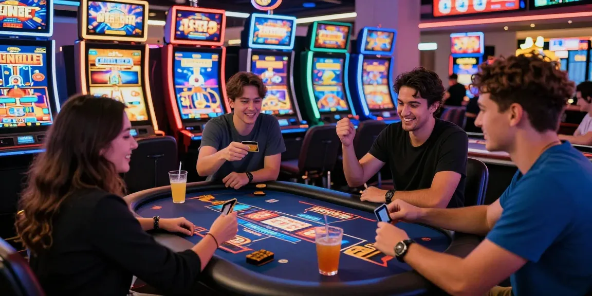 Enjoying gaming at credit card casinos at https://saintnicolasplace.co.uk with friends around vibrant tables.
