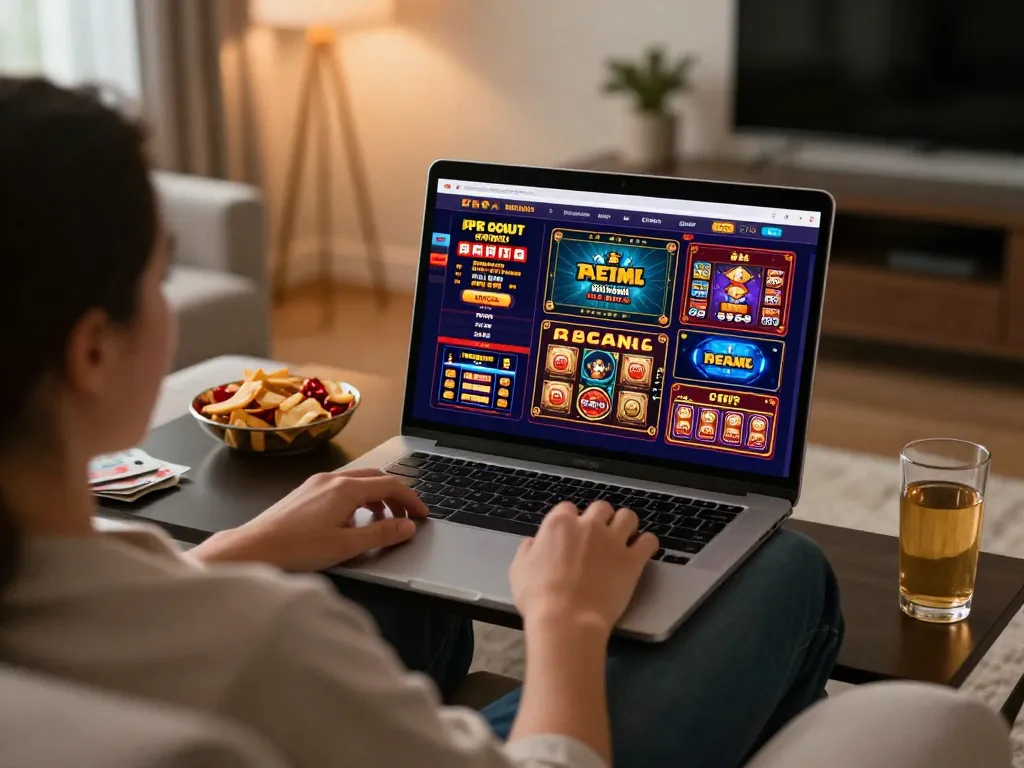 KUBET player engaging in online poker, surrounded by snacks, demonstrating a cozy and responsible gaming atmosphere
