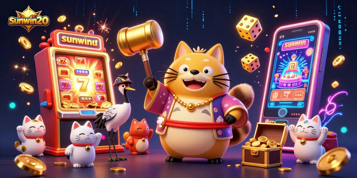 Experience fortune with sunwin20 as cheerful tanuki celebrates a jackpot in vibrant casino art