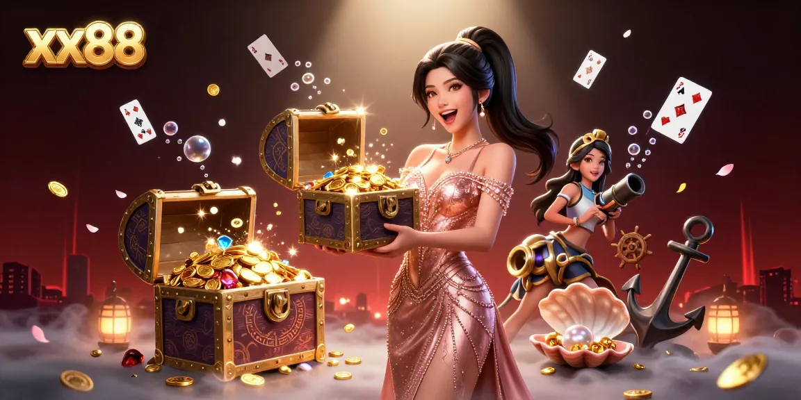 Win big with xx88 as vibrant treasures and dynamic game elements make up this thrilling casino scene.