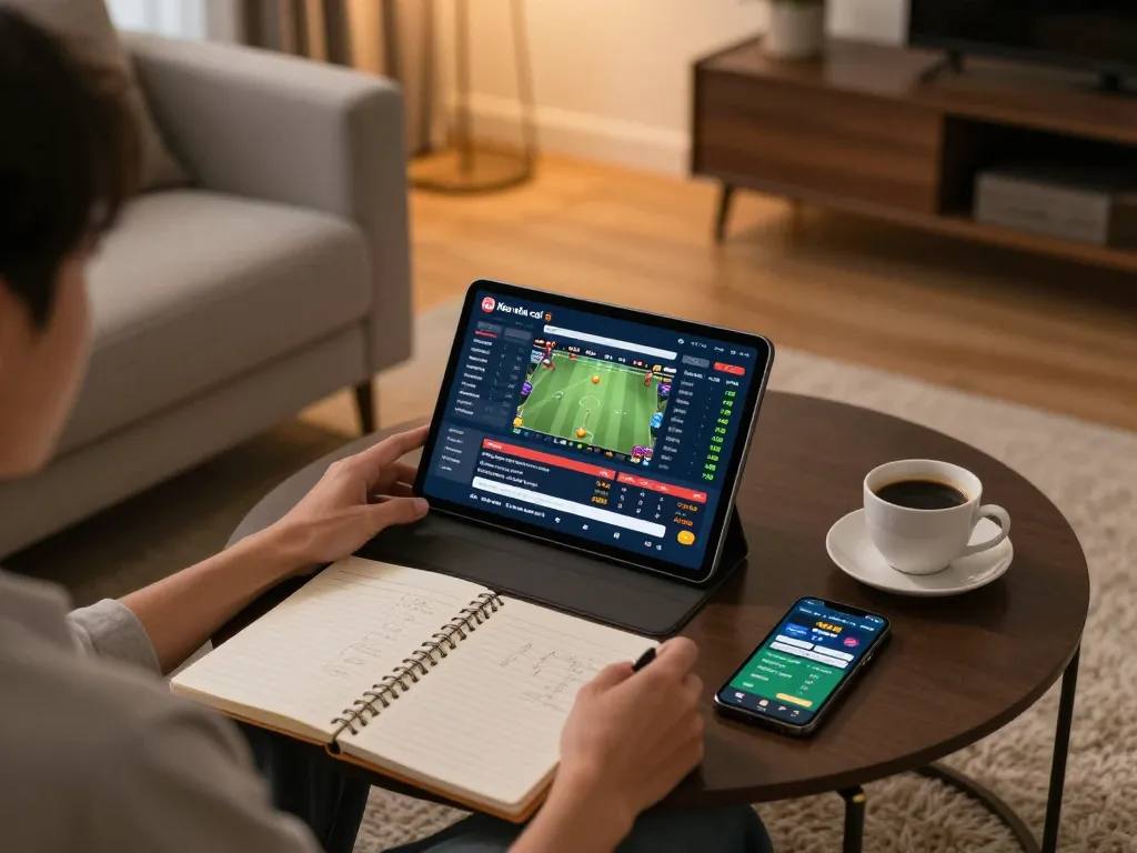 Engaged user analyzing Keo nha cai 5 betting strategies on a tablet in a cozy home setting