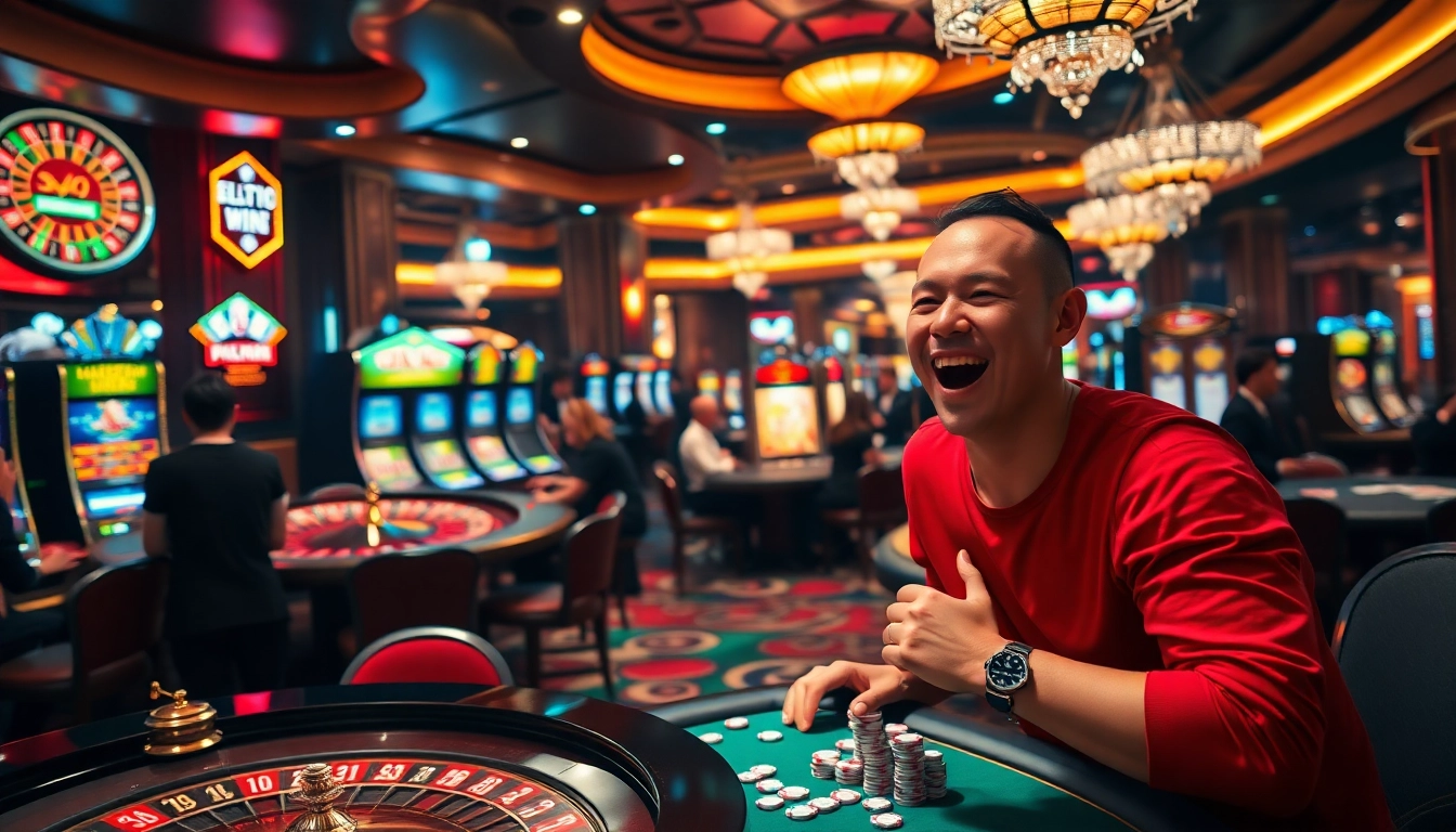 Players celebrating their hay win at an upscale casino with vibrant tables and lively gaming atmosphere.