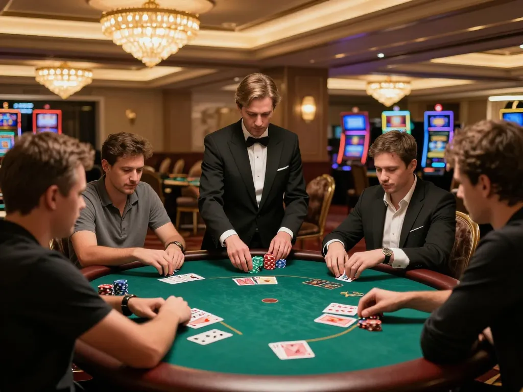 Players at an upscale poker table strategizing their moves at 33win, showcasing high-stakes excitement.