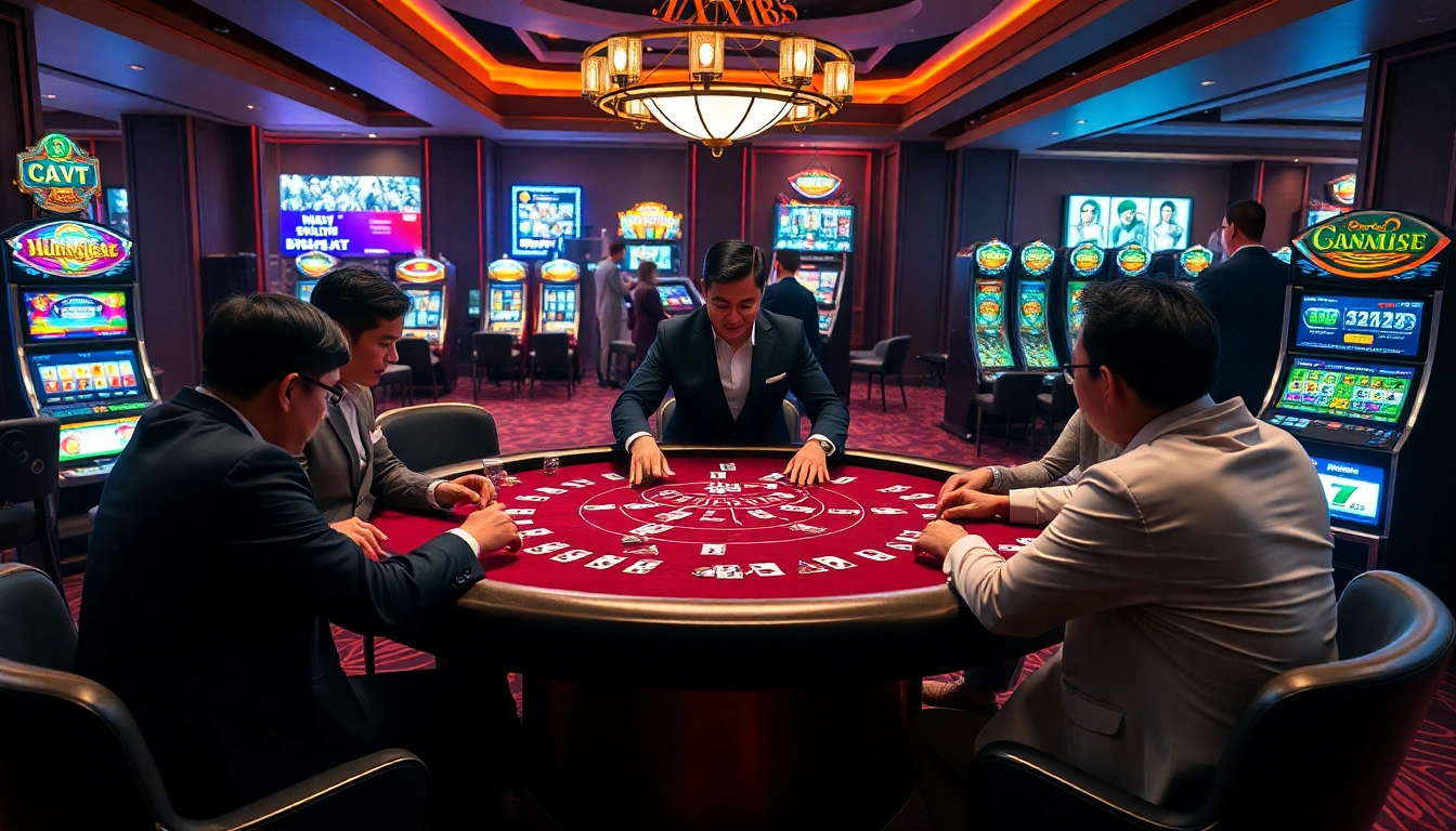 Players enjoy a thrilling poker game at a luxurious casino table inspired by https://xx88.host with vibrant chips and cards.