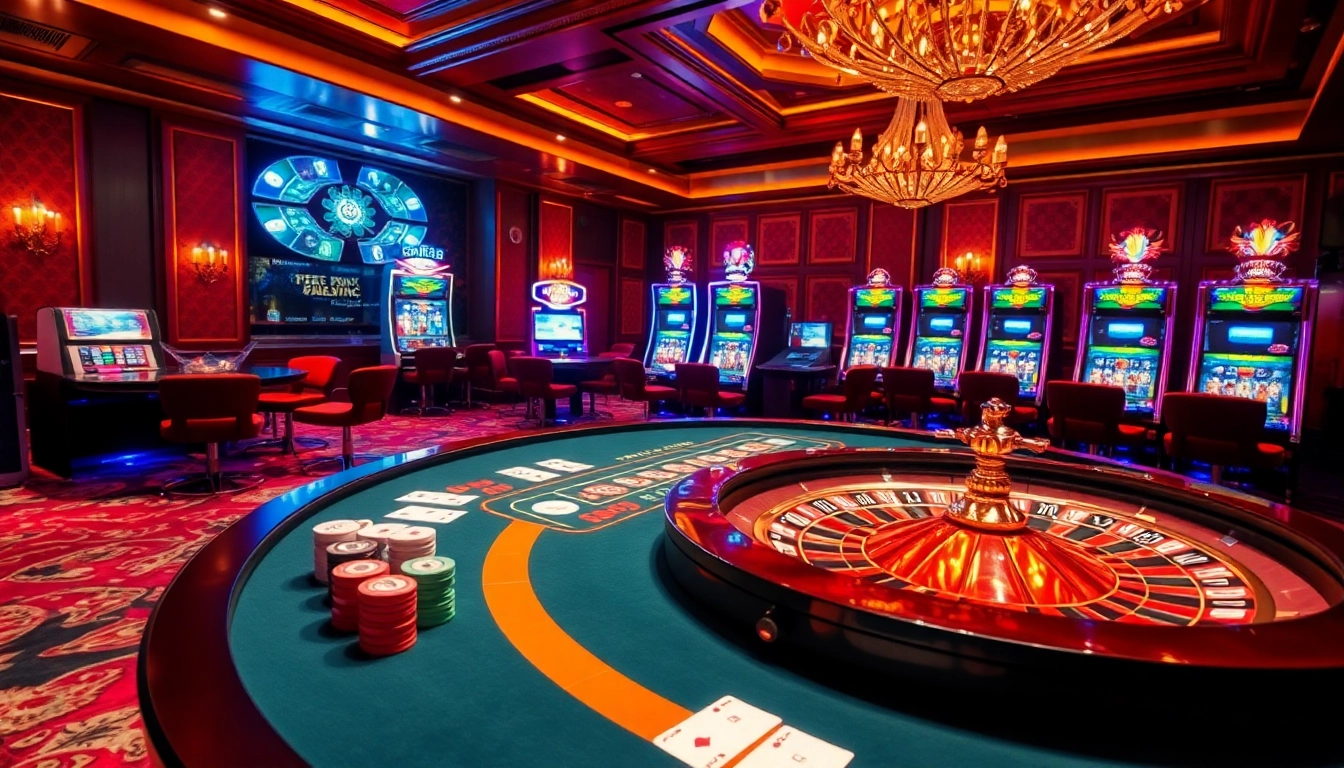Cena do cassino KK55 com mesas vibrantes e ambiente luxuoso para jogadores engajados.