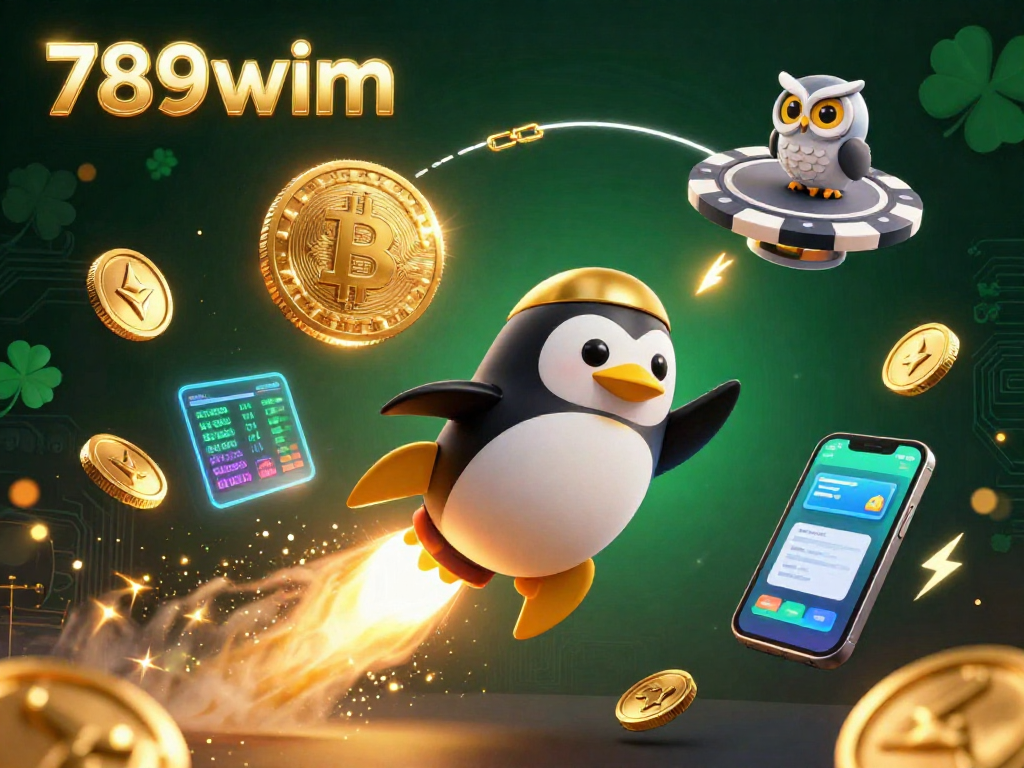 The 789wim penguin soars through a vibrant space scene, showcasing the excitement of crypto gaming.