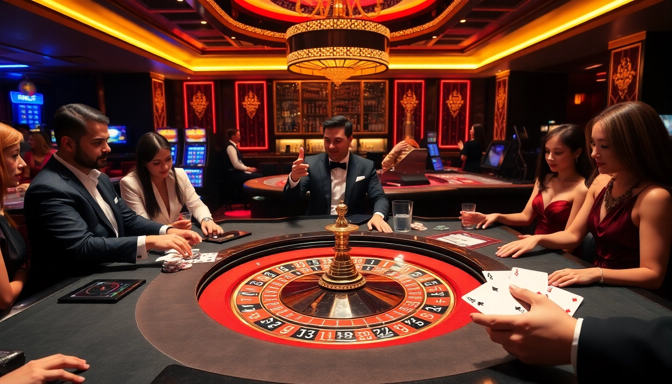 Engage in thrilling games at RR88, featuring a luxurious casino atmosphere with vibrant roulette and poker action.