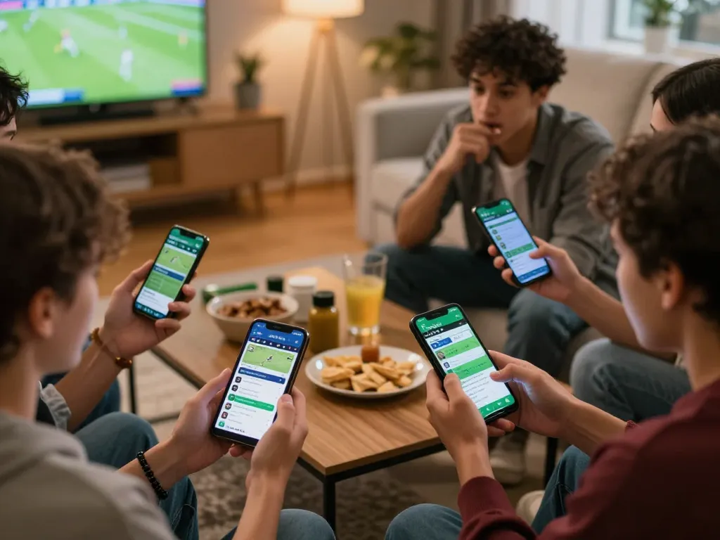 Socolive sports betting enthusiasts strategizing around a cozy coffee table with mobile devices