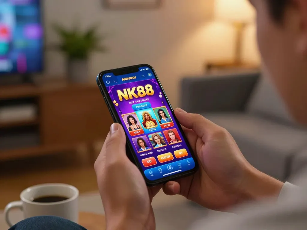 Engaging moment of a player enjoying NK88 mobile casino app on smartphone in a cozy living room