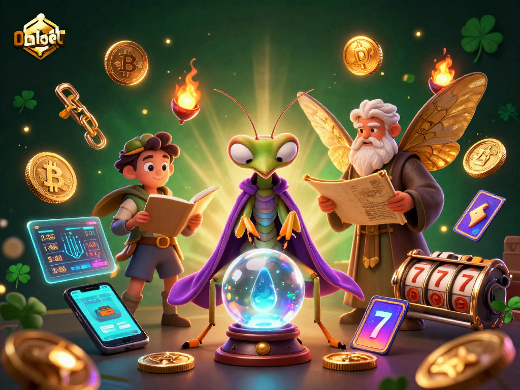 Dabet showcases a thrilling slots scene with a mystical fortune teller and librarian, combined with vibrant crypto coins.