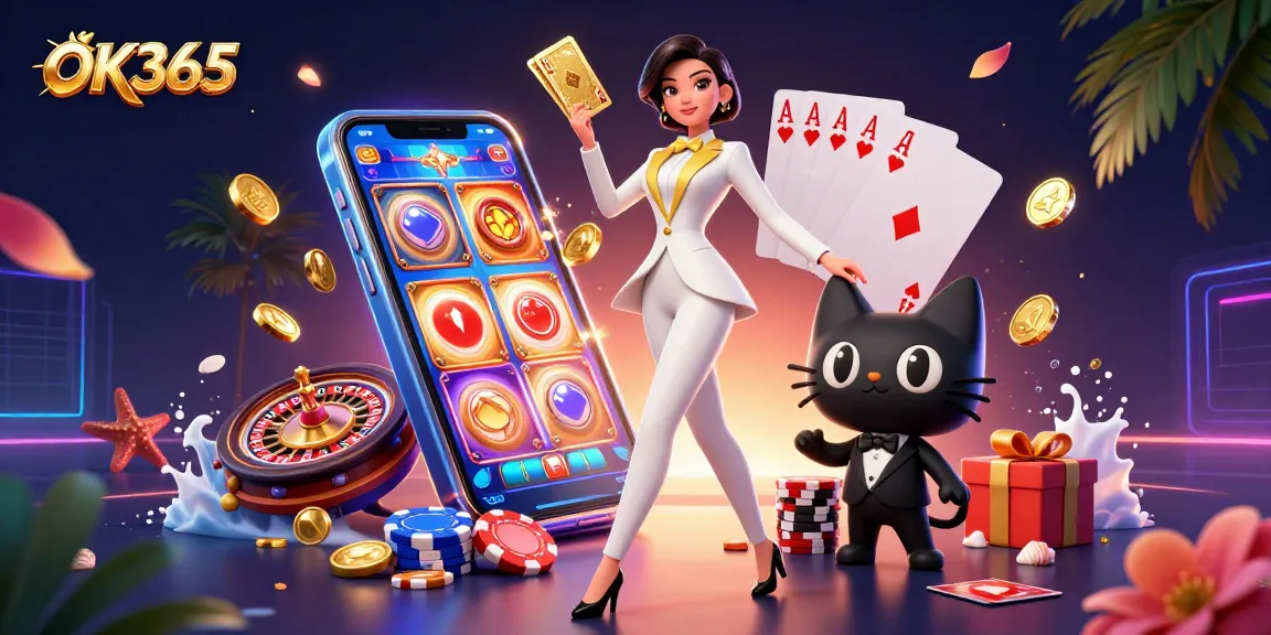 Experience thrilling gains with OK365 as a glamorous dealer shuffles cards beside a playful cat.