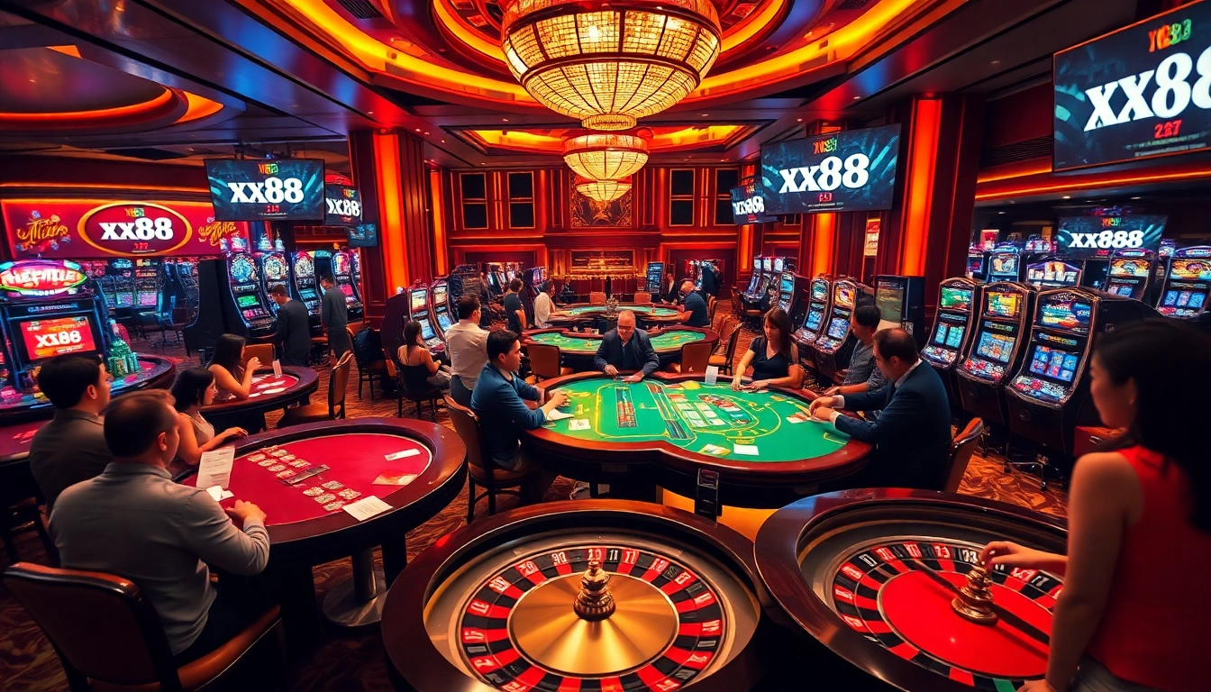 A vibrant casino scene showcasing xx88 gaming tables, slot machines, and excited players enjoying the thrill of gambling.