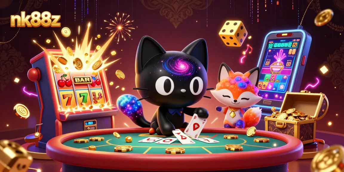 Experience nk88z's gaming magic with a cosmic casino showdown featuring vibrant, animated characters.