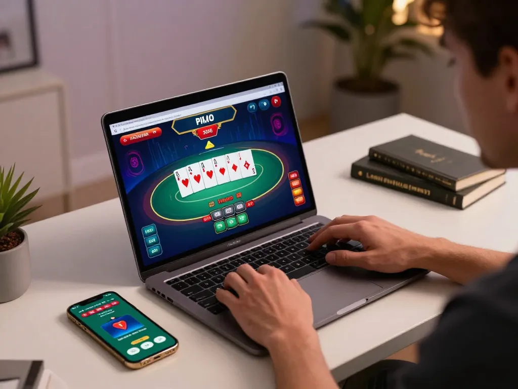 Hitclub online gaming scene with player engaged in poker at home desk