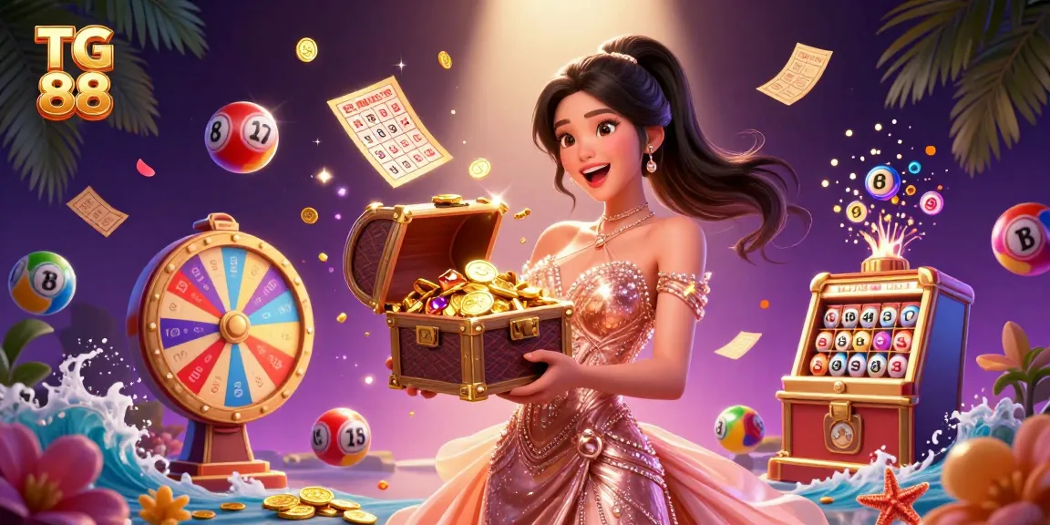 Engage with TG 88's online casino thrills, featuring a woman presenting a treasure chest of winnings.