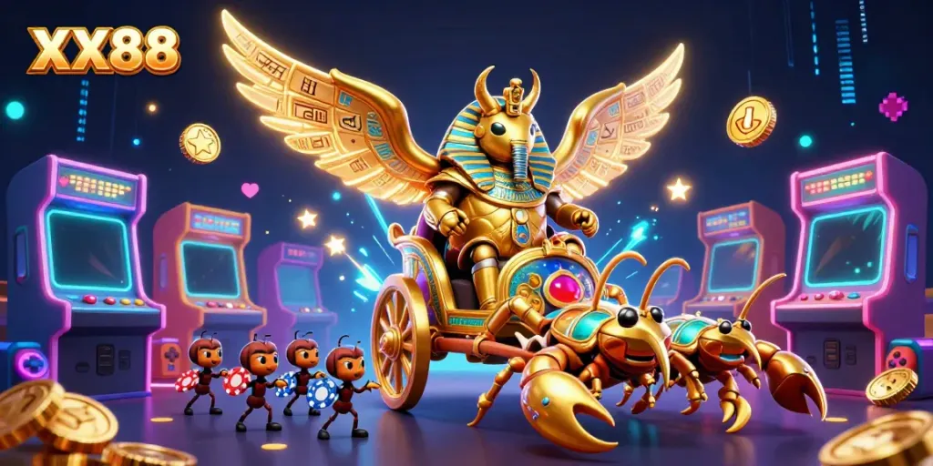 Spin and win with XX88's gaming adventure featuring vibrant characters and casino-themed expressions.