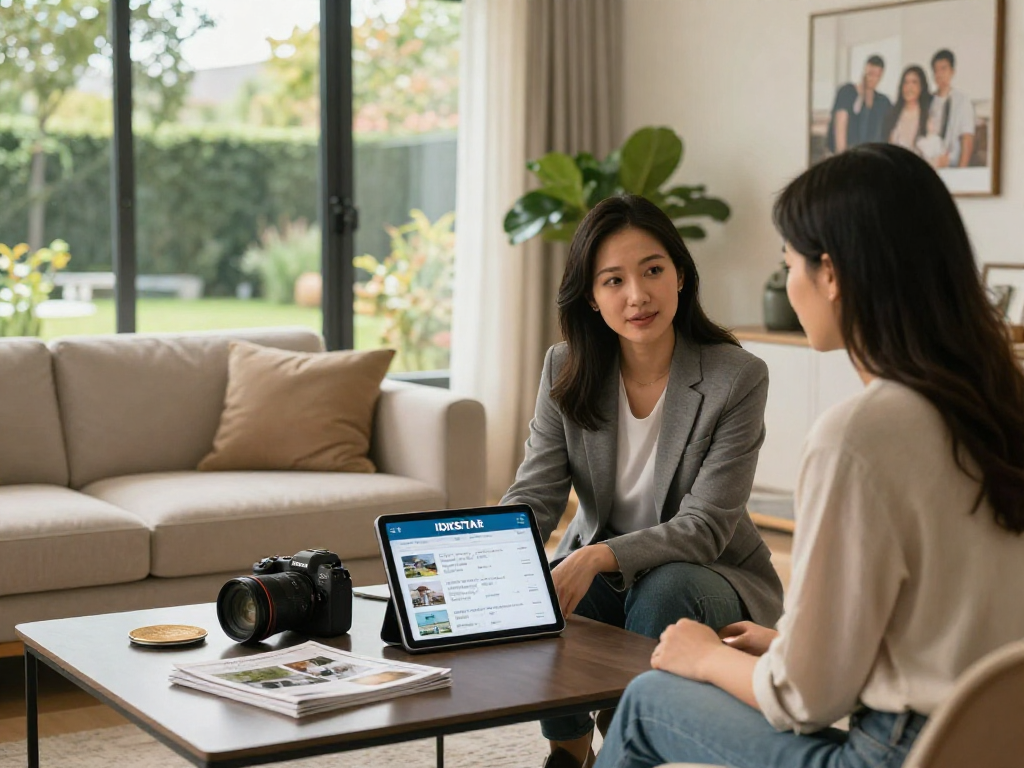 Real estate agent presenting IDXSTAR listings to home buyers in a modern living room.
