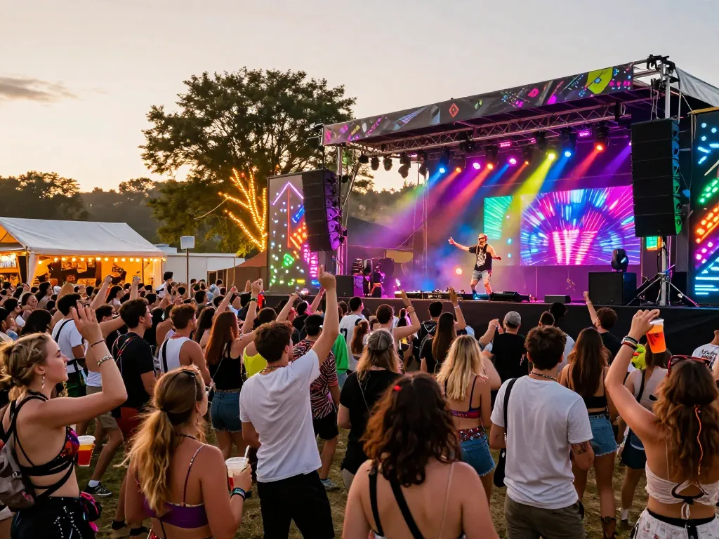 8Day electronic music festival with DJ on stage and vibrant audience enjoying the atmosphere.