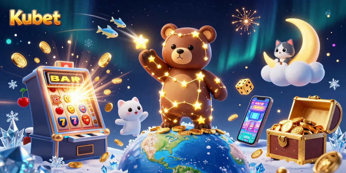 Kubet players win big with a vibrant 3D casino scene featuring golden coins, slot machines, and joyful mascots.