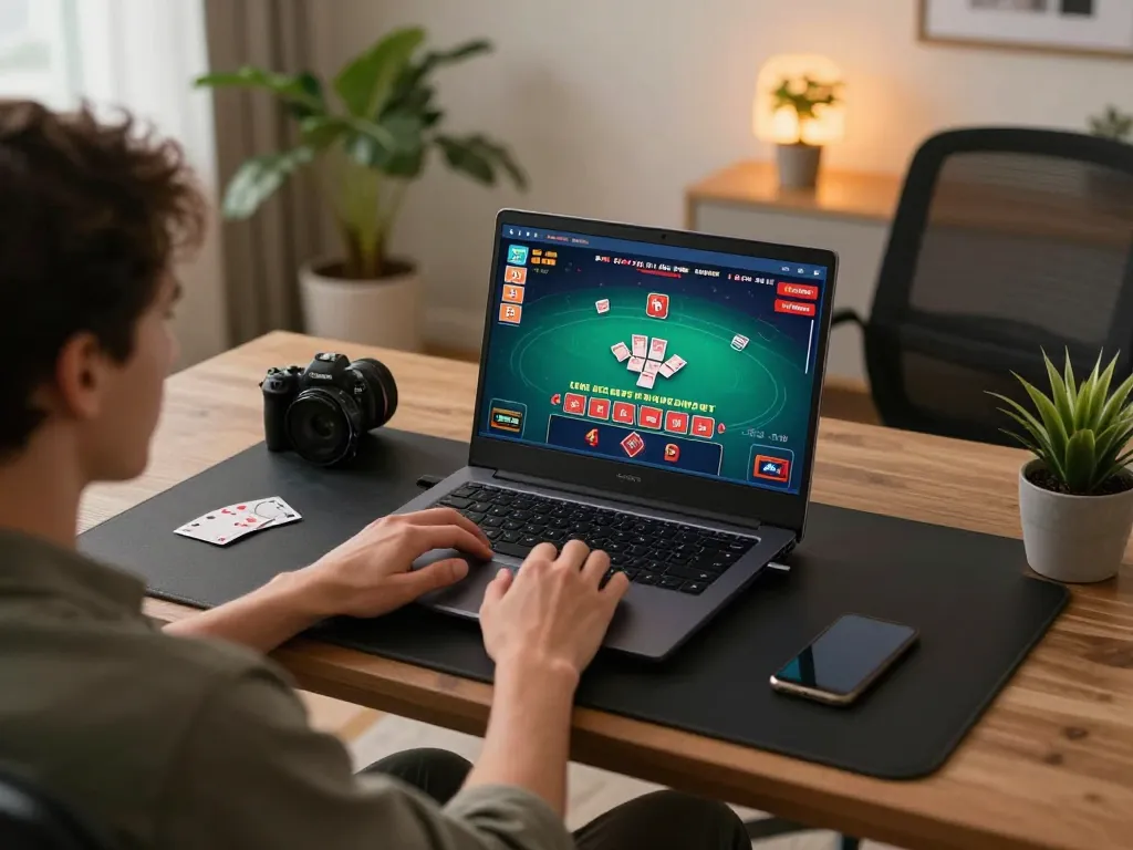 SC88 player engaging in live dealer blackjack on a laptop in a cozy home office