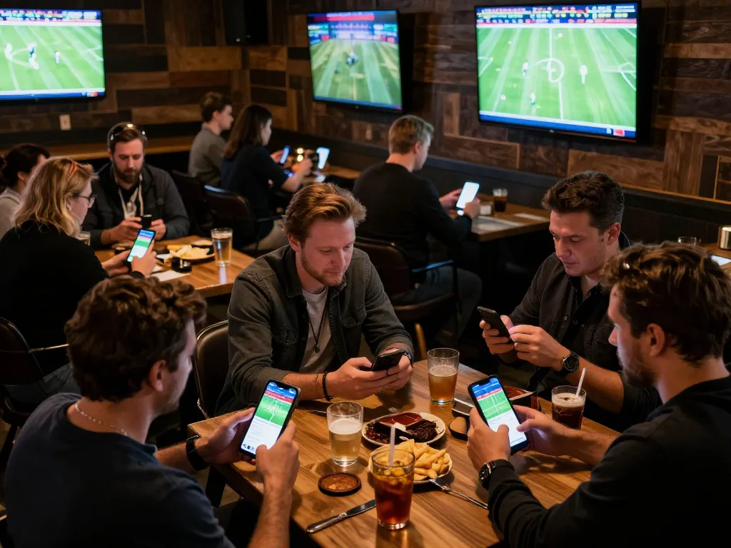 Footballl enthusiasts analyzing odds while placing bets in a lively sports bar atmosphere