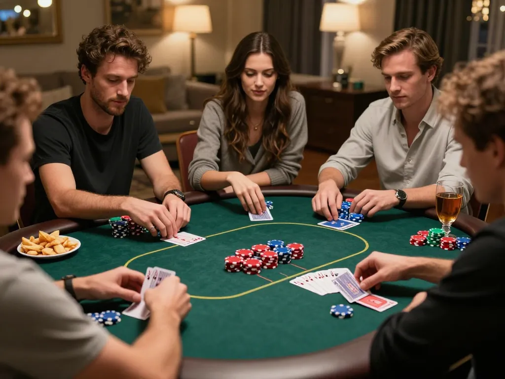 Engaging poker night with friends at home, showcasing vebo tv-inspired gameplay with strategic card play.