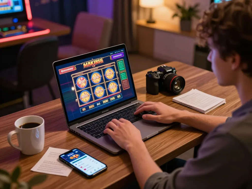 Player engaging with 13Win online casino on laptop, cozy gaming scene filled with strategy notes and coffee.