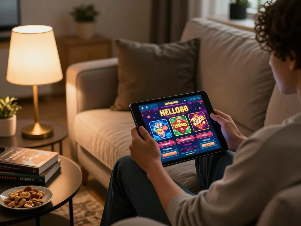 Enjoying a thrilling gaming session on HELLO88 through a tablet while relaxing on a cozy sofa