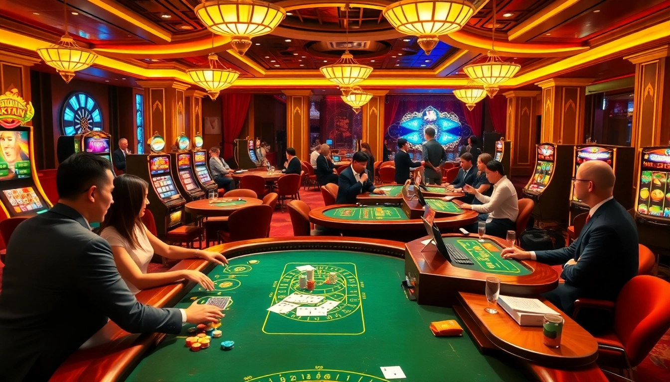 Experience excitement at okfun casino with vibrant slot machines and professional dealers at gaming tables.