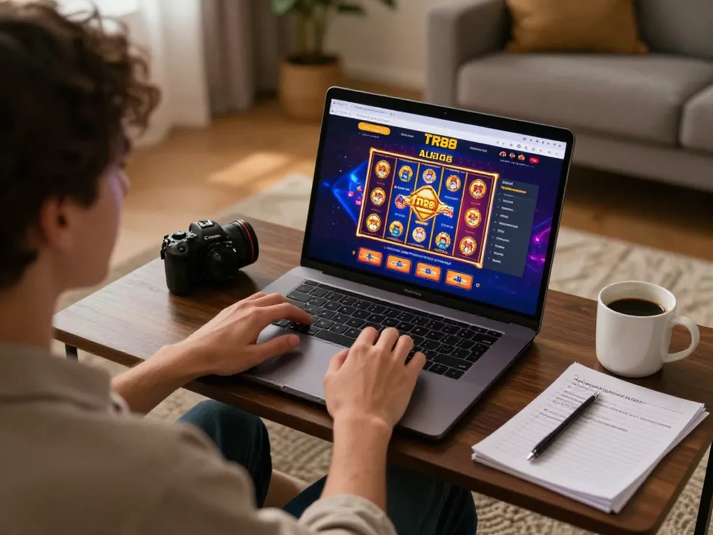 Player enjoying a thrilling game on TR88's online casino platform from the comfort of home, immersed in strategic gameplay