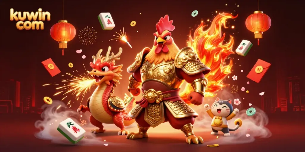 Engage with kuwin com's vibrant gaming world featuring a rooster warrior, dragon hatchling, and festive elements.