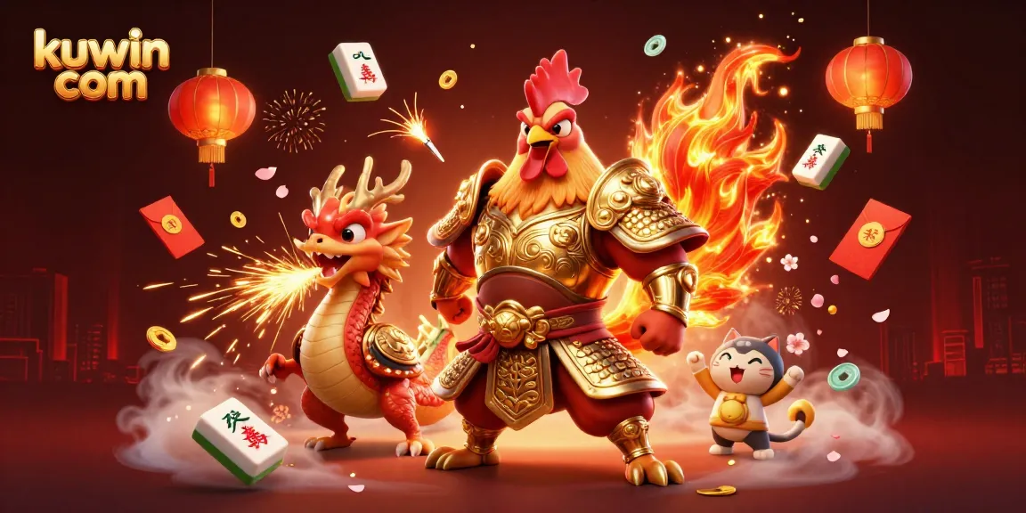 Engage with kuwin com's vibrant gaming world featuring a rooster warrior, dragon hatchling, and festive elements.